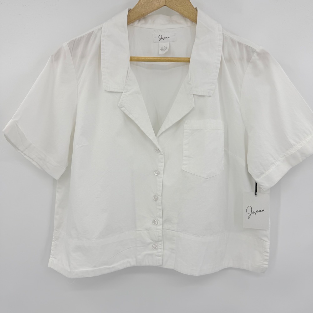 Japna Button Down Shirt Women Large White Cotton Cropped Short Sleeve Top